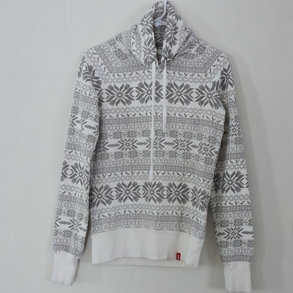 EDC by Esprit Tops - EDC by Esprit Fair Isle Y2K Cowl Neck Hoodie Sweatshirt Gray White M